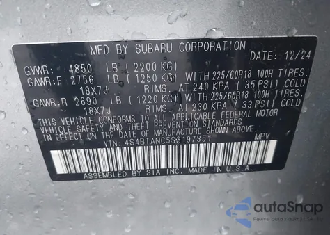 2025 Subaru Outback Limited from USA, damaged, VIN 4S4BTANC5S3197351